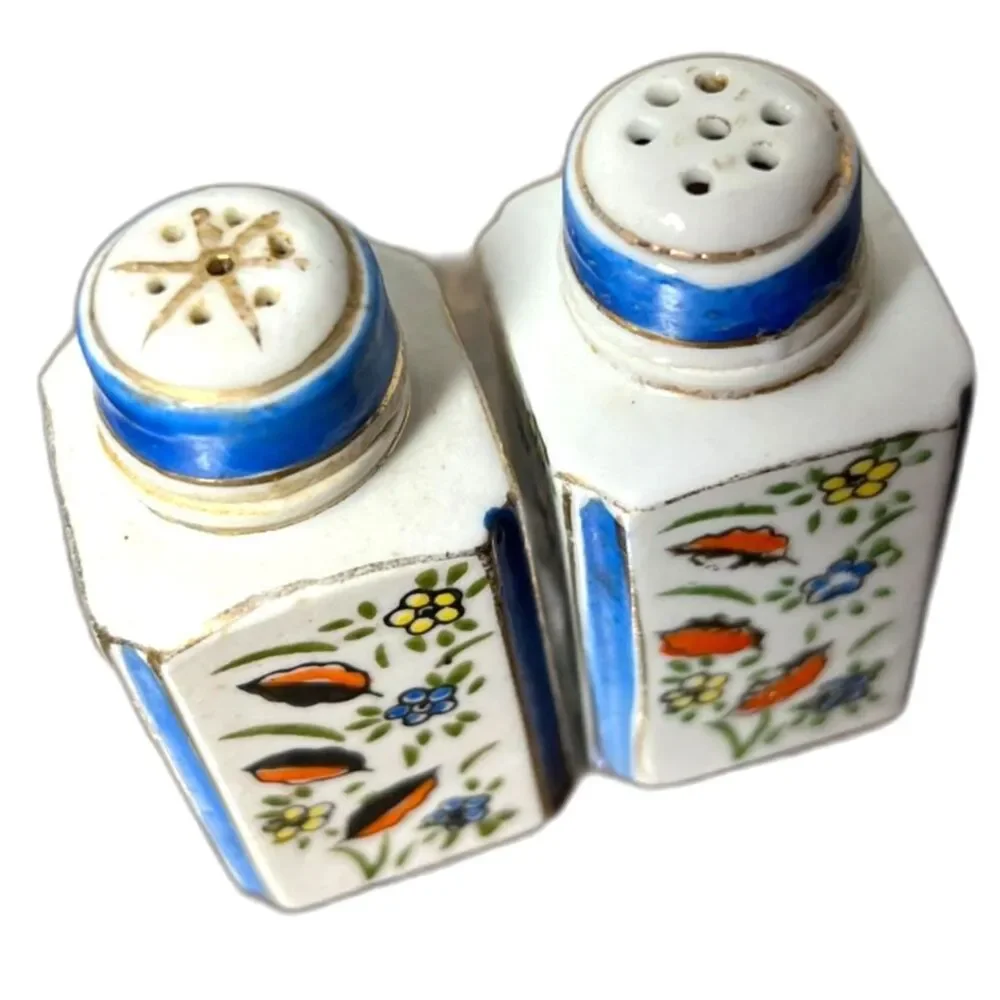 Vintage Hand-Painted Japan Salt & Pepper Shakers Floral Ceramic Blue Trim 1950s